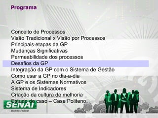 Programa Conceito de Processos Visão Tradicional x Visão por Processos Principais etapas da GP Mudanças Significativas Permeabilidade dos processos Desafios da GP Integração da GP com o Sistema de Gestão Como usar a GP no dia-a-dia A GP e os Sistemas Normativos Sistema de Indicadores Criação da cultura de melhoria Estudo de caso – Case Politeno 