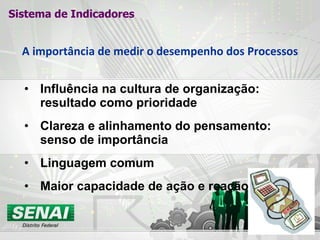 A importância de medir o desempenho dos Processos Influência na cultura de organização: resultado como prioridade Clareza e alinhamento do pensamento: senso de importância Linguagem comum Maior capacidade de ação e reação Sistema de Indicadores 
