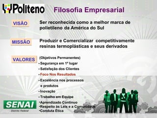 VISÃO Ser reconhecida como a melhor marca de polietileno da América do Sul MISSÃO Produzir e Comercializar competitivamente resinas termoplásticas e seus derivados VALORES (Objetivos Permanentes) • Segurança em 1º lugar • Satisfação dos Clientes • Foco Nos Resultados • Excelência nos processos e produtos • Inovação • Trabalho em Equipe Aprendizado Contínuo Respeito às Leis e a Comunidade Conduta Ética Filosofia Empresarial 