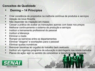 Deming – 14 Princípios Criar constância de propósitos na melhoria contínua de produtos e serviços Adoção da nova filosofia Não depender da inspeção em massa Cessar a prática de avaliar as transações apenas com base nos preços Melhorar continuamente o sistema de produção e serviços Instituir o treinamento profissional do pessoal Instituir a liderança Eliminar o medo Romper as barreiras entre os departamentos Eliminar "slogans" e exortações para o pessoal Eliminar quotas numéricas Remover barreiras ao orgulho do trabalho bem realizado Instituir um vigoroso programa de educação e reciclagens nos novos métodos Planos de ação: agir no sentido de concretizar a transformação desejada. Conceitos de Qualidade 