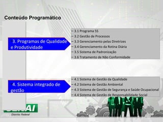 4.1 Sistema de Gestão da Qualidade 4.2 Sistema de Gestão Ambiental 4.3 Sistema de Gestão de Segurança e Saúde Ocupacional 4.4 Sistema de Gestão de Responsabilidade Social 4. Sistema integrado de gestão Conteúdo Programático 3. Programas de Qualidade e Produtividade 3.1 Programa 5S 3.2 Gestão de Processos 3.3 Gerenciamento pelas Diretrizes 3.4 Gerenciamento da Rotina Diária 3.5 Sistema de Padronização 3.6 Tratamento de Não Conformidade  