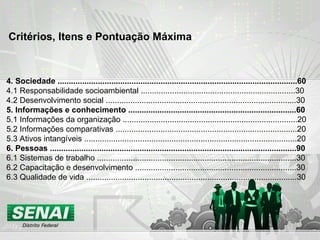 Critérios, Itens e Pontuação Máxima 4. Sociedade ...........................................................................................................60 4.1 Responsabilidade socioambiental .....................................................................30 4.2 Desenvolvimento social .....................................................................................30 5. Informações e conhecimento ...........................................................................60 5.1 Informações da organização ..............................................................................20 5.2 Informações comparativas .................................................................................20 5.3 Ativos intangíveis ...............................................................................................20 6. Pessoas ..............................................................................................................90 6.1 Sistemas de trabalho .........................................................................................30 6.2 Capacitação e desenvolvimento ........................................................................30 6.3 Qualidade de vida ..............................................................................................30 