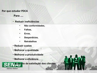 Por que estudar PDCA Para .... Reduzir ineficiências Não conformidades, Falhas, Erros, Desperdícios,  Retrabalhos Reduzir custos Melhorar a qualidade Melhorar a produtividade Melhorar a eficiência Aumento da satisfação dos clientes 