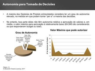 •      A maioria dos Gestores de Produto entrevistados considera ter um grau de autonomia
       elevado, na medida em que podem tomar “per si” a maioria das decisões.

•      No entanto, boa parte deles não têm autonomia relativa a aprovação de valores e, em
       média, o valor máximo para aprovação é relativamente baixo (€4.548 não considerando
       os que responderam budget ou total).
                                                                                           Valor Máximo que pode autorizar
                    Grau de Autonomia
                                  Nula. Não                                               12
                                 posso tomar
                    Total. Posso




                                                              Nº de Gestroes de Produto
                                  decisões                                                10
                    tomar todas
                                   sobre o     Baixa. Posso
                    as decisões.
                                   produto        tomar
                        3%                                                                8
                                     3%          algumas
                                                decisões.
                                                   26%                                    6

                                                                                          4

                                                                                          2
      Elevada.
    Posso tomar a                                                                         0
     maioria das
      decisões.
        68%




Página 13
© Alexandre Teixeira Lourenço, 2011
 
