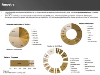 •     Estudo Realizado em Novembro e Dezembro de 2010 pelos alunos de Gestão de Produto do IPAM Lisboa, junto de 35 gestores de produto a trabalhar
      em Portugal.
•     O estudo foi realizado por alunos do 2º e 3º anos da licenciatura do IPAM Lisboa, utilizando para efeito questionário previamente definido pelo
      coordenador, dividido numa parte quantitativa e noutra parte qualitativa. Em algumas situações foi possível efectuar também entrevista de profundidade.



                                                                                                                                         Origem da Empresa
        Dimensão da Empresa (nº Colab.)
                                                                                                                   11%                                 Portugal

                               8%                                                                                                                      Alemanha
                                                        1a5                                               6%
                                                                                                                                       34%             EUA
                  23%                6%                 10 a 20                                          6%
                                          6%                                                                                                           Suiça
                                                        20 a 50                                          3%
                                                                                                                                                       Inglaterra
                                                        50 a 100
                                           8%                                                            9%                                            Itália
                                                        100 a 250
                                                                                                                                                       Japão
                                                        250 a 500                                                                  8%
                                      11%                                                                          23%                                 sem informação
                  29%                                   + de 1000
                                                        sem informação
                                9%                                            Sector de Actividade

        Média = 820 colaboradores
                                                                                             3%3%
                                                                                   14%              6%

                                                                          3%                             8%
    Sede da Empresa                                                      3%
                                                                                                                         Computadores          Livros
                                                                                                              6%
                                                                         8%                                              Comunicações          Impressão
                                                      sem
                                               Porto




                                                                                                                         Bebidas               Medicamentos
                          Lisboa                   informaç
                                                       ão                6%                                              Higiene e Beleza      Leite
                                                                                                         17%             Cafés                 Material Escritório
             0%     20%     40%      60%       80%      100%                  6%                                         Electrónica           Banca
                                                                                       8%                                Automóveis            Produtos Quimicos
    Página 2                                                                       2        3% 6%
                                                                                                                         sem informação
    © Alexandre Teixeira Lourenço, 2011
 