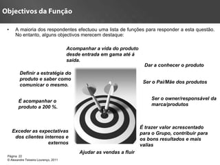 •    A maioria dos respondentes efectuou uma lista de funções para responder a esta questão.
     No entanto, alguns objectivos merecem destaque:

                                      Acompanhar a vida do produto
                                      desde entrada em gama até á
                                      saída.
                                                                        Dar a conhecer o produto
        Definir a estratégia do
        produto e saber como
                                                                       Ser o Pai/Mãe dos produtos
        comunicar o mesmo.

                                                                           Ser o owner/responsável da
       É acompanhar o
                                                                           marca/produtos
       produto a 200 %.



                                                                      É trazer valor acrescentado
    Exceder as expectativas                                           para o Grupo, contribuir para
     dos clientes internos e                                          os bons resultados e mais
                    externos                                          valias
                                           Ajudar as vendas a fluir
Página 22
© Alexandre Teixeira Lourenço, 2011
 