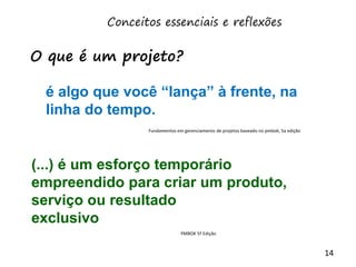 14
O que é um projeto?
Conceitos essenciais e reflexões
(...) é um esforço temporário
empreendido para criar um produto,
serviço ou resultado
exclusivo
é algo que você “lança” à frente, na
linha do tempo.
Fundamentos em gerenciamento de projetos baseado no pmbok, 5a edição
PMBOK 5ª Edição
 