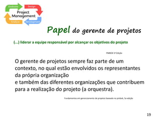 19
Papel do gerente de projetos
(...) liderar a equipe responsável por alcançar os objetivos do projeto
PMBOK 5ª Edição
O gerente de projetos sempre faz parte de um
contexto, no qual estão envolvidos os representantes
da própria organização
e também das diferentes organizações que contribuem
para a realização do projeto (a orquestra).
Fundamentos em gerenciamento de projetos baseado no pmbok, 5a edição
 