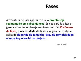 37
A estrutura de fases permite que o projeto seja
segmentado em subconjuntos lógicos para facilitar o
gerenciamento, o planejamento e controle. O número
de fases, a necessidade de fases e o grau de controle
aplicado depende do tamanho, grau de complexidade
e impacto potencial do projeto.
Fases
PMBOK 5ª Edição
 