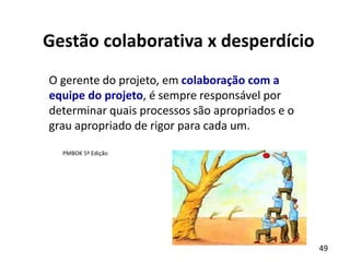 49
Gestão colaborativa x desperdício
O gerente do projeto, em colaboração com a
equipe do projeto, é sempre responsável por
determinar quais processos são apropriados e o
grau apropriado de rigor para cada um.
PMBOK 5ª Edição
 