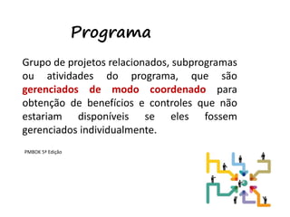 52
Programa
Grupo de projetos relacionados, subprogramas
ou atividades do programa, que são
gerenciados de modo coordenado para
obtenção de benefícios e controles que não
estariam disponíveis se eles fossem
gerenciados individualmente.
PMBOK 5ª Edição
 
