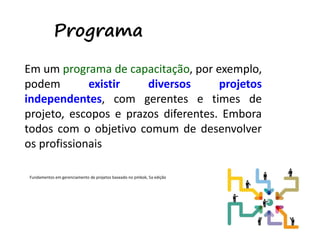 53
Programa
Em um programa de capacitação, por exemplo,
podem existir diversos projetos
independentes, com gerentes e times de
projeto, escopos e prazos diferentes. Embora
todos com o objetivo comum de desenvolver
os profissionais
Fundamentos em gerenciamento de projetos baseado no pmbok, 5a edição
 