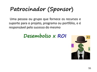 55
Patrocinador (Sponsor)
Uma pessoa ou grupo que fornece os recursos e
suporte para o projeto, programa ou portfólio, e é
responsável pelo sucesso do mesmo
Desembolso x ROI
 