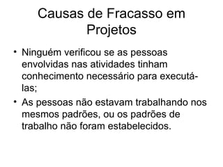 Ninguém verificou se as pessoas envolvidas nas atividades tinham conhecimento necessário para executá-las; As pessoas não estavam trabalhando nos mesmos padrões, ou os padrões de trabalho não foram estabelecidos.  Causas de Fracasso em Projetos 