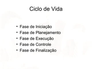Ciclo de Vida Fase de Iniciação Fase de Planejamento Fase de Execução Fase de Controle Fase de Finalização 