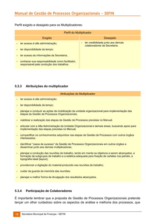 Manual de Gestão de Processos Organizacionais - SEFIN
Perfil exigido e desejado para os Multiplicadores:
Perfil do Multiplicador
Exigido

Desejado
-

-

ter acesso à alta administração;

-

ter disponibilidade de tempo;

-

ter acesso às informações da Secretaria;

-

ter credibilidade junto aos demais
colaboradores da Secretaria.

conhecer sua responsabilidade como facilitador,
responsável pela condução dos trabalhos.

5.3.3

Atribuições do multiplicador
Atribuições do Multiplicador

-

ter acesso à alta administração;

-

ter disponibilidade de tempo;

-

planejar e conduzir as ações de mobilização da unidade organizacional para implementação das
etapas da Gestão de Processos Organizacionais;

-

viabilizar a realização das etapas de Gestão de Processos previstas no Manual;

-

articular com a Alta Administração da Unidade Organizacional e demais áreas, buscando apoio para
implementação das etapas previstas no Manual;

-

compartilhar os conhecimentos adquiridos nas etapas de Gestão de Processos com outros órgãos
interessados;

-

identificar “casos de sucesso” da Gestão de Processos Organizacionais em outros órgãos e
disseminar junto aos demais multiplicadores;

-

planejar a condução das reuniões de trabalho, tendo em mente os objetivos a serem alcançados, a
formação de subgrupos de trabalho e a estética adequada para fixação de cartelas nos painéis, a
topografia ideal (layout);

-

providenciar a digitação do material produzido nas reuniões de trabalho;

-

cuidar da guarda da memória das reuniões;

-

planejar a melhor forma de divulgação dos resultados alcançados.

5.3.4

Participação de Colaboradores

É importante lembrar que a proposta de Gestão de Processos Organizacionais pretende
lançar um olhar cuidadoso sobre os aspectos de análise e melhoria dos processos, que

18

Secretaria Municipal de Finanças - SEFIN

 