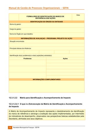 Manual de Gestão de Processos Organizacionais - SEFIN

FORMULÁRIO DE IDENTIFICAÇÃO DO MARCO DE
REFERÊNCIA DAS AÇÕES

Data

IDENTIFICAÇÃO DO ÓRGÃO OU ENTIDADE
Nome do gestor:
Cargo do gestor:
Nome do Órgão em que trabalha:
INFORMAÇÕES DE AVALIAÇAO – PROGRAMA, PROJETO OU AÇÃO
Situação encontrada:

Principais fatores de influência:

Identificação do(s) problema(s) e da(s) ação(ões) adotada(s)
Problemas

Ações

INFORMAÇÕES COMPLEMENTARES

12.3.1.2.2

Matriz para Identificação e Acompanhamento de Impacto

12.3.1.2.2.1 O que é a Estruturação da Matriz de Identificação e Acompanhamento
de Impacto
A Matriz de Acompanhamento de Impacto representa o desdobramento da identificação
do marco de referência e abrange a avaliação das ações implementadas, por intermédio
de indicadores de desempenho, observados nas perspectivas básicas estabelecidas pela
Secretaria, alinhadas aos seus objetivos.

74

Secretaria Municipal de Finanças - SEFIN

 