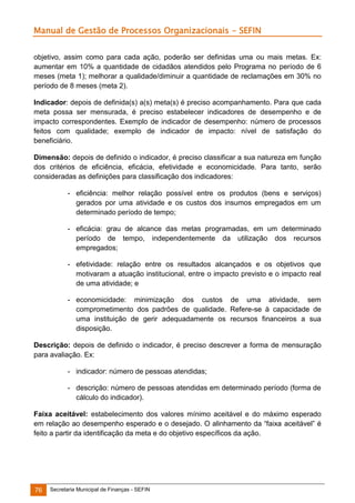 Manual de Gestão de Processos Organizacionais - SEFIN
objetivo, assim como para cada ação, poderão ser definidas uma ou mais metas. Ex:
aumentar em 10% a quantidade de cidadãos atendidos pelo Programa no período de 6
meses (meta 1); melhorar a qualidade/diminuir a quantidade de reclamações em 30% no
período de 8 meses (meta 2).
Indicador: depois de definida(s) a(s) meta(s) é preciso acompanhamento. Para que cada
meta possa ser mensurada, é preciso estabelecer indicadores de desempenho e de
impacto correspondentes. Exemplo de indicador de desempenho: número de processos
feitos com qualidade; exemplo de indicador de impacto: nível de satisfação do
beneficiário.
Dimensão: depois de definido o indicador, é preciso classificar a sua natureza em função
dos critérios de eficiência, eficácia, efetividade e economicidade. Para tanto, serão
consideradas as definições para classificação dos indicadores:
- eficiência: melhor relação possível entre os produtos (bens e serviços)
gerados por uma atividade e os custos dos insumos empregados em um
determinado período de tempo;
- eficácia: grau de alcance das metas programadas, em um determinado
período de tempo, independentemente da utilização dos recursos
empregados;
- efetividade: relação entre os resultados alcançados e os objetivos que
motivaram a atuação institucional, entre o impacto previsto e o impacto real
de uma atividade; e
- economicidade: minimização dos custos de uma atividade, sem
comprometimento dos padrões de qualidade. Refere-se à capacidade de
uma instituição de gerir adequadamente os recursos financeiros a sua
disposição.
Descrição: depois de definido o indicador, é preciso descrever a forma de mensuração
para avaliação. Ex:
- indicador: número de pessoas atendidas;
- descrição: número de pessoas atendidas em determinado período (forma de
cálculo do indicador).
Faixa aceitável: estabelecimento dos valores mínimo aceitável e do máximo esperado
em relação ao desempenho esperado e o desejado. O alinhamento da “faixa aceitável” é
feito a partir da identificação da meta e do objetivo específicos da ação.

76

Secretaria Municipal de Finanças - SEFIN

 