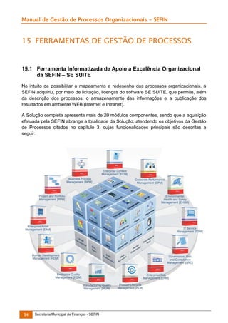 Manual de Gestão de Processos Organizacionais - SEFIN

15 FERRAMENTAS DE GESTÃO DE PROCESSOS

15.1 Ferramenta Informatizada de Apoio a Excelência Organizacional
da SEFIN – SE SUITE
No intuito de possibilitar o mapeamento e redesenho dos processos organizacionais, a
SEFIN adquiriu, por meio de licitação, licenças do software SE SUITE, que permite, além
da descrição dos processos, o armazenamento das informações e a publicação dos
resultados em ambiente WEB (Internet e Intranet).
A Solução completa apresenta mais de 20 módulos componentes, sendo que a aquisição
efetuada pela SEFIN abrange a totalidade da Solução, atendendo os objetivos da Gestão
de Processos citados no capítulo 3, cujas funcionalidades principais são descritas a
seguir:

94

Secretaria Municipal de Finanças - SEFIN

 