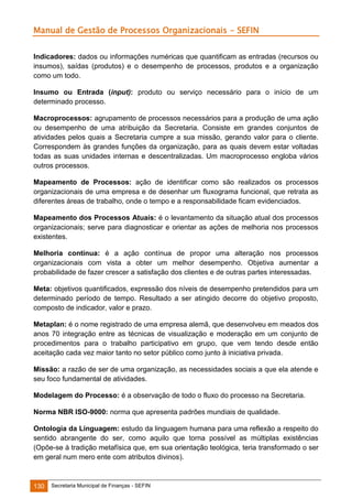 Manual de Gestão de Processos Organizacionais - SEFIN
Indicadores: dados ou informações numéricas que quantificam as entradas (recursos ou
insumos), saídas (produtos) e o desempenho de processos, produtos e a organização
como um todo.
Insumo ou Entrada (input): produto ou serviço necessário para o início de um
determinado processo.
Macroprocessos: agrupamento de processos necessários para a produção de uma ação
ou desempenho de uma atribuição da Secretaria. Consiste em grandes conjuntos de
atividades pelos quais a Secretaria cumpre a sua missão, gerando valor para o cliente.
Correspondem às grandes funções da organização, para as quais devem estar voltadas
todas as suas unidades internas e descentralizadas. Um macroprocesso engloba vários
outros processos.
Mapeamento de Processos: ação de identificar como são realizados os processos
organizacionais de uma empresa e de desenhar um fluxograma funcional, que retrata as
diferentes áreas de trabalho, onde o tempo e a responsabilidade ficam evidenciados.
Mapeamento dos Processos Atuais: é o levantamento da situação atual dos processos
organizacionais; serve para diagnosticar e orientar as ações de melhoria nos processos
existentes.
Melhoria contínua: é a ação contínua de propor uma alteração nos processos
organizacionais com vista a obter um melhor desempenho. Objetiva aumentar a
probabilidade de fazer crescer a satisfação dos clientes e de outras partes interessadas.
Meta: objetivos quantificados, expressão dos níveis de desempenho pretendidos para um
determinado período de tempo. Resultado a ser atingido decorre do objetivo proposto,
composto de indicador, valor e prazo.
Metaplan: é o nome registrado de uma empresa alemã, que desenvolveu em meados dos
anos 70 integração entre as técnicas de visualização e moderação em um conjunto de
procedimentos para o trabalho participativo em grupo, que vem tendo desde então
aceitação cada vez maior tanto no setor público como junto à iniciativa privada.
Missão: a razão de ser de uma organização, as necessidades sociais a que ela atende e
seu foco fundamental de atividades.
Modelagem do Processo: é a observação de todo o fluxo do processo na Secretaria.
Norma NBR ISO-9000: norma que apresenta padrões mundiais de qualidade.
Ontologia da Linguagem: estudo da linguagem humana para uma reflexão a respeito do
sentido abrangente do ser, como aquilo que torna possível as múltiplas existências
(Opõe-se à tradição metafísica que, em sua orientação teológica, teria transformado o ser
em geral num mero ente com atributos divinos).

130

Secretaria Municipal de Finanças - SEFIN

 
