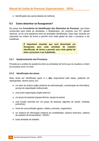 Manual de Gestão de Processos Organizacionais - SEFIN
 Identificação das oportunidades de melhoria.

9.3

Como desenhar os fluxogramas?

De posse dos Formulários de Identificação dos Elementos do Processo, que foram
construídos para todas as atividades, o Multiplicador, em conjunto com GT, deverá
observar, se há uma seqüência entre as atividades identificadas. Caso haja, deverão ser
colocados em ordem de forma a permitir uma visão global de todo o processo a ser
trabalhado.
É importante ressaltar que será desenhado um
fluxograma para cada atividade de trabalho
identificado, de forma a permitir uma visão global de
todo o processo a ser trabalhado.

9.3.1

Seqüenciamento dos Processos

Procede-se a análise da seqüência entre as atividades de forma que se visualize a ordem
do processo como um todo.
9.3.2

Identificação dos atores

Deve ainda ser identificado quem é o ator responsável pela etapa, podendo ser
representado, dentre outros, por:
 um setor do próprio órgão (diretoria de administração, coordenação de informática;
serviço de capacitação institucional);
 uma outra organização (órgão externo);
 um grupo de pessoas (equipe técnica, equipe de apoio);
 uma função exercida por um grupo de pessoas (agentes de saúde, analistas
judiciários);
 nome de uma profissão (gestor, médico, promotor, engenheiro);
 um sistema de informação (sistema de contabilidade, sistema financeiro, sistema
de cadastro de fornecedores - SICAF);
 outra atividade de trabalho.

48

Secretaria Municipal de Finanças - SEFIN

 