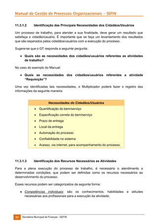 Manual de Gestão de Processos Organizacionais - SEFIN
11.3.1.2

Identificação das Principais Necessidades dos Cidadãos/Usuários

Um processo de trabalho, para atender a sua finalidade, deve gerar um resultado que
satisfaça o cidadão/usuário. É importante que se faça um levantamento dos resultados
que são esperados pelos cidadãos/usuários com a execução do processo.
Sugere-se que o GT responda a seguinte pergunta:
 Quais são as necessidades dos cidadãos/usuários referentes as atividades
de trabalho?
No caso do exemplo do Manual:
 Quais as necessidades dos cidadãos/usuários referentes a atividade
“Requisição”?
Uma vez identificadas tais necessidades, o Multiplicador poderá fazer o registro das
informações da seguinte maneira:

Necessidades do Cidadãos/Usuários



Especificação correta do bem/serviço



Prazo de entrega



Local da entrega



Automação do processo



Confiabilidade no sistema



11.3.1.3

Quantificação do bem/serviço

Acesso, via internet, para acompanhamento do processo.

Identificação dos Recursos Necessários as Atividades

Para a plena execução do processo de trabalho, é necessário o atendimento a
determinadas condições, que podem ser definidas como os recursos necessários ao
desenvolvimento do processo.
Esses recursos podem ser categorizados da seguinte forma:
 Competências individuais: são os conhecimentos, habilidades e
necessárias aos profissionais para a execução da atividade;

60

Secretaria Municipal de Finanças - SEFIN

atitudes

 