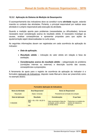 Manual de Gestão de Processos Organizacionais - SEFIN

12.3.2 Aplicação do Sistema de Medição de Desempenho
O acompanhamento dos indicadores deve se constituir numa atividade regular, estando
inserida no contexto das atividades. Portanto, o principal responsável por realizar essa
atividade é o próprio responsável pela execução da atividade.
Quando a medição aponta para problemas (necessidades ou dificuldades), torna-se
necessário tecer consideração acerca do resultado obtido. É necessário investigar as
causas, analisar conseqüências e apresentar propostas para que ações de
ajuste/correção sejam desencadeadas no curto prazo.
As seguintes informações devem ser registradas em cada ocorrência de aplicação do
indicador:
 Data da aplicação;
 Resultado obtido – indicação do valor obtido em relação à faixa de
aceitação;
 Considerações acerca do resultado obtido – categorização do problema
(condições internas ou externas) e descrição sucinta das causas,
conseqüências e proposições.
A ferramenta de apoio para o registro de ocorrência de aplicação do indicador é o
formulário Aplicação de Indicadores, disposto neste Manual e deve ser preenchido como
no exemplo abaixo.

Formulário Aplicação de Indicadores
Nome da Atividade

Área Responsável

Nome do Responsável

Requisição

Depto. Compras

Presidente da Comissão de Licitação

Data da Aplicação

Resultado

11/06/2006

SAP = 45 x 100 = 64,29 %
TSP
ISA

Considerações
Valor encontrado a faixa de
aceitação, porém, próximo
ao limite inferior

O que fazer
Padronizar os modelos de
pedido de material ou
serviços.

Secretaria Municipal de Finanças - SEFIN

79

 