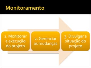 1. Monitorar a execução do projeto 
2. Gerenciar as mudanças 
3. Divulgar a situação do projeto  