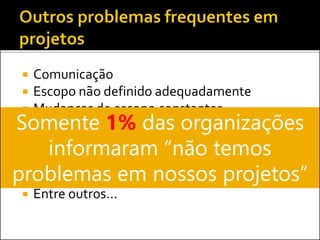  Comunicação
 Escopo não definido adequadamente
 Mudanças de escopo constantes
 Estimativas incorretas
 Gestão de riscos
 Limitação de recursos
 Papéis e responsabilidades não definidos
 Entre outros...
Somente 1% das organizações
informaram “não temos
problemas em nossos projetos”
 