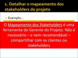 Exemplo...
Stakeholder Papel Influência Plano de Ação
Zé das
Couves
(Analista
Financeiro)
Aprovar
relatórios
financeiros do BI
Alta (afilhado
do CFO)
Envolvê-lo na
definição e
aprovação dos
relatórios
O Mapeamento dos Stakeholders é uma
ferramenta do Gerente do Projeto. Não é
necessário – e nem recomendável –
compartilhar com os clientes ou
stakeholders
 