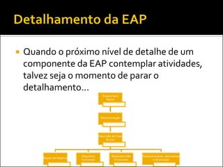  Quando o próximo nível de detalhe de um
componente da EAP contemplar atividades,
talvez seja o momento de parar o
detalhamento...
Projeto Sem
Nome
Documentação
Descrição de Caso
de Uso
Regras de Negócio
Requisitos
Funcionais
Requisitos Não
Funcionais
Fluxos principais, alternativos
e de exceção
 
