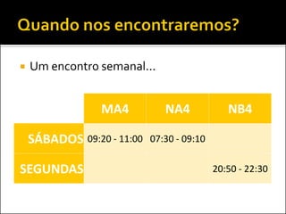    Um encontro semanal...


                 MA4           NA4             NB4

    SÁBADOS 09:20 - 11:00   07:30 - 09:10


SEGUNDAS                                    20:50 - 22:30
 