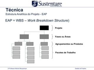 Técnica
Estrutura Analítica do Projeto - EAP

EAP = WBS – Work Breakdown Structure)

                                       Projeto



                                       Fases ou Áreas


                                       Agrupamentos ou Produtos



                                       Pacotes de Trabalho




 © Professor Nikolai Albuquerque                         Gestão de Projetos
 