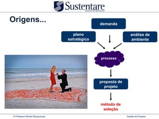 Origens...                                       demanda

                                      plano                       análise de
                                   estratégico                    ambiente



                                                 processa




                                                 proposta de
                                                   projeto



                                                 método de
                                                  seleção
 © Professor Nikolai Albuquerque                               Gestão de Projetos
 