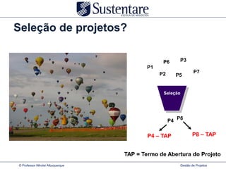 Seleção de projetos?

                                                P6      P3
                                          P1
                                               P2               P7
                                                      P5


                                                Seleção




                                                    P4 P8


                                          P4 – TAP              P8 – TAP


                                  TAP = Termo de Abertura do Projeto
© Professor Nikolai Albuquerque                         Gestão de Projetos
 