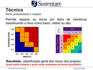 Técnica
Matriz probabilidade X impacto

Permite separar os riscos por faixa de tolerância,
classificando o risco como baixo, médio ou alto.
                  0,9
  PROBABILIDADE




                  0,7

                  0,5

                  0,3

                  0,1

                        0,1   0,3   0,5   0,7   0,9
                                IMPACTO

Resultado: classificação geral dos riscos dos projetos
Quais serão tratados e quais serão analisados de forma quantitativa
 © Professor Nikolai Albuquerque                            Gestão de Projetos
 