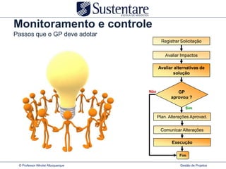 Monitoramento e controle
Passos que o GP deve adotar
                                           Registrar Solicitação


                                             Avaliar Impactos

                                         Avaliar alternativas de
                                                solução



                                   Não             GP
                                                aprovou ?

                                                       Sim

                                         Plan. Alterações Aprovad.

                                          Comunicar Alterações

                                                Execução

                                                    Fim

 © Professor Nikolai Albuquerque                    Gestão de Projetos
 