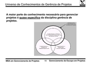 Universo de Conhecimentos de Gerência de Projetos


A maior parte do conhecimento necessário para gerenciar
projetos é quase específico da disciplina gerência de
projetos.




MBA em Gerenciamento de Projetos   11   Gerenciamento de Escopo em Projetos
 