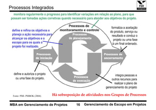 Processos Integrados
  monitora regularmente o progresso para identificar variações em relação ao plano, para que
possam ser tomadas ações corretivas quando necessário para atender aos objetivos do projeto.

                                                                         formaliza a aceitação
 define e refina os objetivos e                                         do produto, serviço ou
 planeja a ação necessária para                                           resultado e conduz o
 alcançar os objetivos e o                                                 projeto ou uma fase
 escopo para os quais o                                                    à um final ordenado.
 projeto foi realizado.




  define e autoriza o projeto                                               integra pessoas e
   ou uma fase do projeto.                                               outros recursos para
                                                                           realizar o plano de
                                                                     gerenciamento do projeto

 Fonte: PMI- PMBOK (2004)       Há sobreposição de atividades nos Grupos de Processos

MBA em Gerenciamento de Projetos               16    Gerenciamento de Escopo em Projetos
 