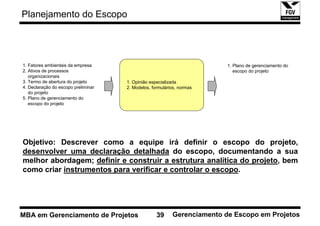 Planejamento do Escopo




1. Fatores ambientais da empresa                                         1. Plano de gerenciamento do
2. Ativos de processos                                                      escopo do projeto
   organizacionais
3. Termo de abertura do projeto      1. Opinião especializada
4. Declaração do escopo preliminar   2. Modelos, formulários, normas
   do projeto
5. Plano de gerenciamento do
   escopo do projeto




Objetivo: Descrever como a equipe irá definir o escopo do projeto,
desenvolver uma declaração detalhada do escopo, documentando a sua
melhor abordagem; definir e construir a estrutura analítica do projeto, bem
como criar instrumentos para verificar e controlar o escopo.




MBA em Gerenciamento de Projetos                   39     Gerenciamento de Escopo em Projetos
 