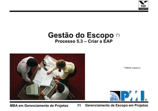 Gestão do Escopo (*)
                        Processo 5.3 – Criar a EAP




                                                             * PMBOK Capítulo 5




MBA em Gerenciamento de Projetos   71   Gerenciamento de Escopo em Projetos
 