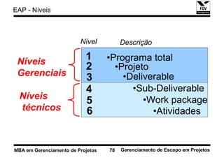 EAP - Níveis



                         Nível          Descrição

 Níveis
                           1       •Programa total
                           2         •Projeto
 Gerenciais                3           •Deliverable
                           4             •Sub-Deliverable
  Níveis                   5                •Work package
  técnicos                 6                  •Atividades


MBA em Gerenciamento de Projetos   78   Gerenciamento de Escopo em Projetos
 