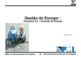 Gestão do Escopo (*)
                   Processo 5.5 – Controle do Escopo




                                                             * PMBOK Capítulo 5




MBA em Gerenciamento de Projetos   94   Gerenciamento de Escopo em Projetos
 