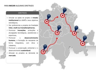 PARA INICIAR ALGUMAS DIRETRIZES


                    DIRETRIZES

  • Vincular as ações do projeto à missão
    institucional do UNIPÊ e seus objetivos
    estratégicos;
  • Dar preferencias a projetos de finalidade
    inter, multi ou transdisciplinares;
  • Promover      inovações,     produções   e
    divulgações tecnológicas, assistenciais e
    esportivas;
  • Promover         o      desenvolvimento
    humano, a formação do estudante de
    forma    integradora,      com   ética   e
    cidadania;
  • Promover a preservação ambiental e o
    desenvolvimento sustentável;
  • Articular os projetos as demanda de
    mercado.
 