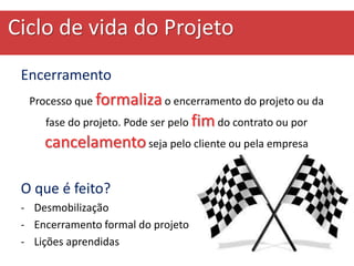 Ciclo de vida do Projeto
Encerramento
Processo que formalizao encerramento do projeto ou da
fase do projeto. Pode ser pelo fimdo contrato ou por
cancelamentoseja pelo cliente ou pela empresa
O que é feito?
- Desmobilização
- Encerramento formal do projeto
- Lições aprendidas
 