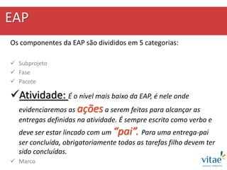 EAP
Os componentes da EAP são divididos em 5 categorias:
 Subprojeto
 Fase
 Pacote
Atividade: É o nível mais baixo da EAP, é nele onde
evidenciaremos as açõesa serem feitas para alcançar as
entregas definidas na atividade. É sempre escrito como verbo e
deve ser estar lincado com um “pai”. Para uma entrega-pai
ser concluída, obrigatoriamente todas as tarefas filho devem ter
sido concluídas.
 Marco
 