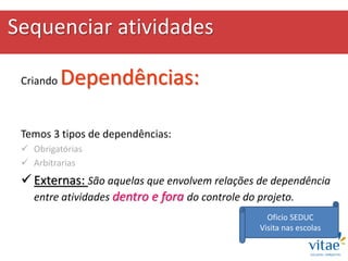 Sequenciar atividades
Criando Dependências:
Temos 3 tipos de dependências:
 Obrigatórias
 Arbitrarias
 Externas: São aquelas que envolvem relações de dependência
entre atividades dentro e fora do controle do projeto.
Oficio Cliente
Inicio do atendimento
 