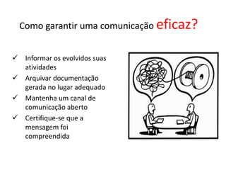  Informar os evolvidos suas
atividades
 Arquivar documentação
gerada no lugar adequado
 Mantenha um canal de
comunicação aberto
 Certifique-se que a
mensagem foi
compreendida
Como garantir uma comunicação eficaz?
 