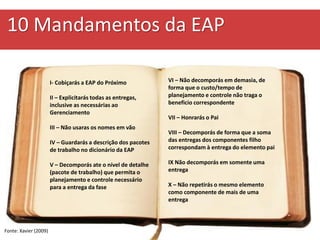 10 Mandamentos da EAP
I- Cobiçarás a EAP do Próximo
II – Explicitarás todas as entregas,
inclusive as necessárias ao
Gerenciamento
III – Não usaras os nomes em vão
IV – Guardarás a descrição dos pacotes
de trabalho no dicionário da EAP
V – Decomporás ate o nível de detalhe
(pacote de trabalho) que permita o
planejamento e controle necessário
para a entrega da fase
VI – Não decomporás em demasia, de
forma que o custo/tempo de
planejamento e controle não traga o
beneficio correspondente
VII – Honrarás o Pai
VIII – Decomporás de forma que a soma
das entregas dos componentes filho
correspondam à entrega do elemento pai
IX Não decomporás em somente uma
entrega
X – Não repetirás o mesmo elemento
como componente de mais de uma
entrega
Fonte: Xavier (2009)
 