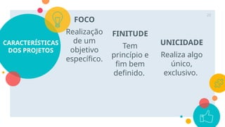 CARACTERÍSTICAS
DOS PROJETOS
FOCO
Realização
de um
objetivo
específico.
FINITUDE
Tem
princípio e
fim bem
definido.
UNICIDADE
Realiza algo
único,
exclusivo.
20
 